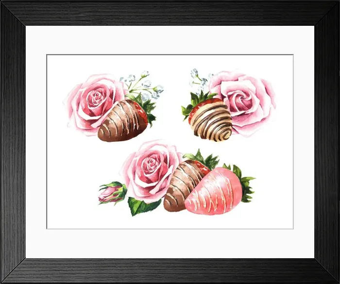 Framed Print : Rose flowers and Sweet strawberries in glaze dipped in white and milk chocolate set