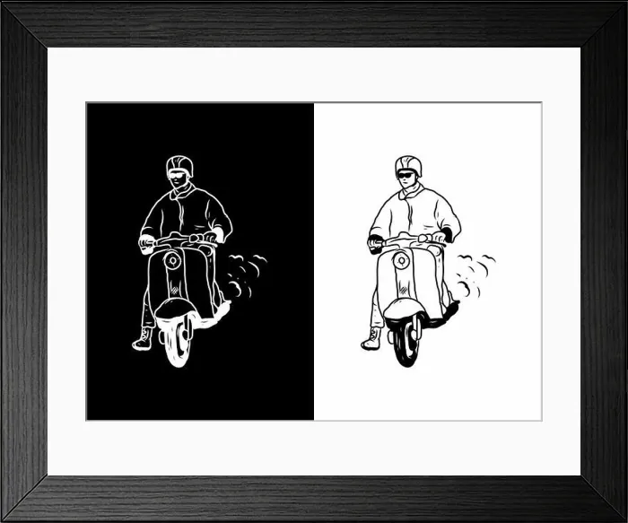 Framed Print : Black and white illustration drawing of man with scooter design Framed Print : Black and white illustration drawing of man with scooter design