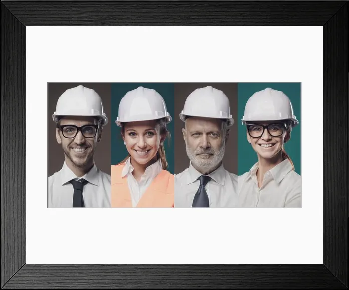 Framed Print : Confident workers wearing safety helmets and smiling at camera, photo collage Framed Print : Confident workers wearing safety helmets and smiling at camera, photo collage