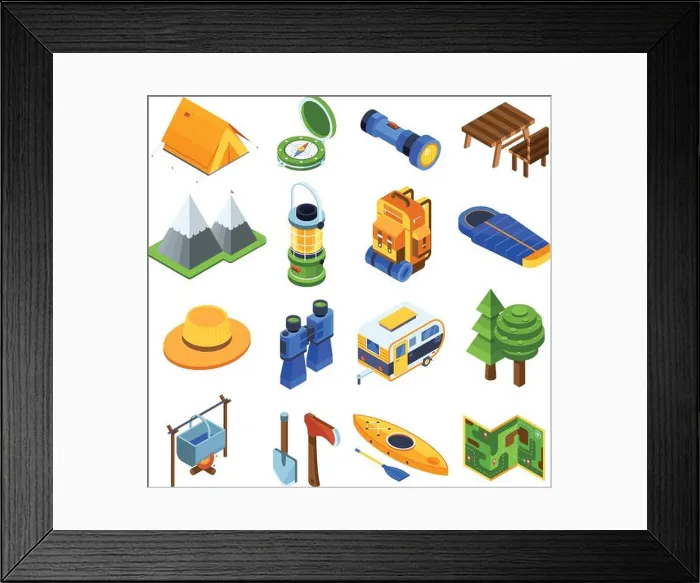 Framed Print : Camping and Hiking Isometric Icons Framed Print : Camping and Hiking Isometric Icons