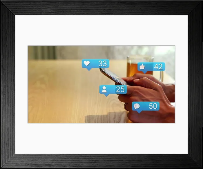 Framed Print : Image of social media icons falling over person using smartphone Framed Print : Image of social media icons falling over person using smartphone