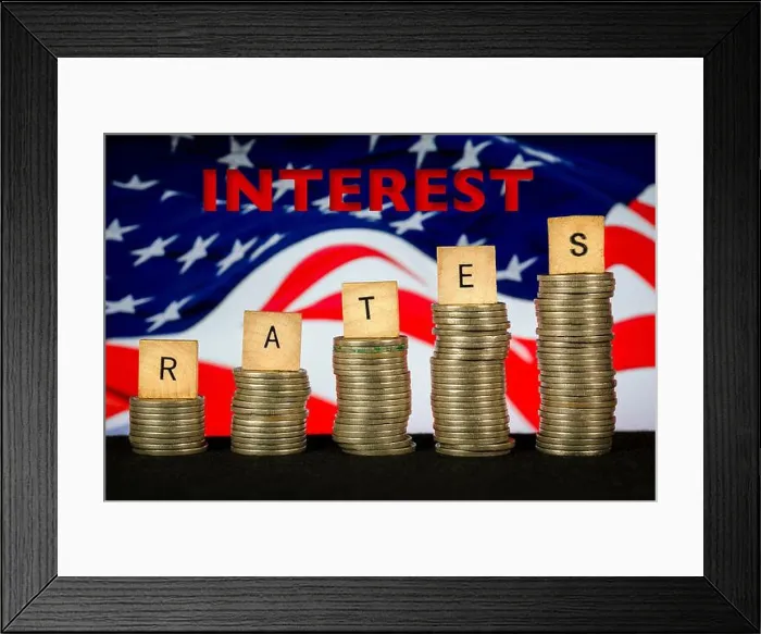 Framed Print : Interest Rates Rising text Coin Stacks American Flag Framed Print : Interest Rates Rising text Coin Stacks American Flag