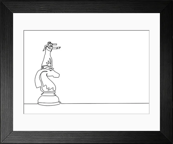 Framed Print : Single continuous line drawing Arabian businessman on top of big horse chess piece using telescope looking for success Framed Print : Single continuous line drawing Arabian businessman on top of big horse chess piece using telescope looking for success