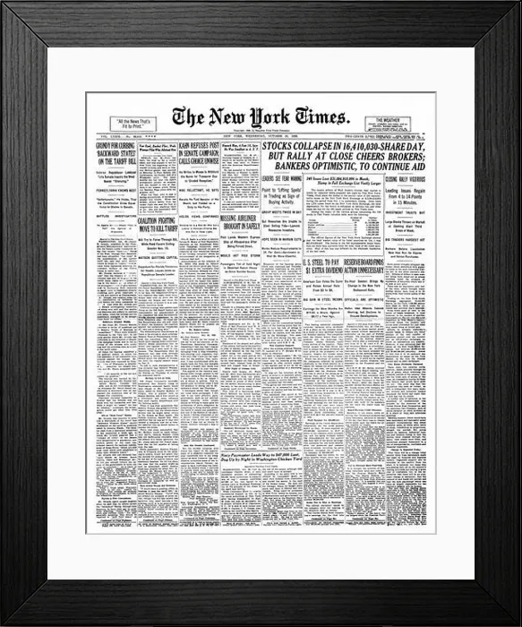 Framed Print : 1929 New York Times (USA) front page reporting the Wall Street Crash Framed Print : 1929 New York Times (USA) front page reporting the Wall Street Crash