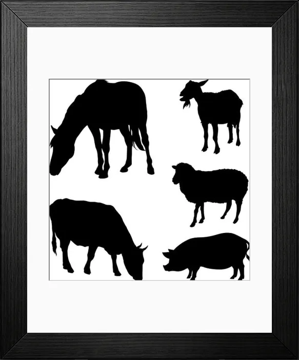Framed Print : Vector silhouettes of farm animals isolated on white Framed Print : Vector silhouettes of farm animals isolated on white