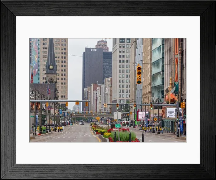 Framed Print : Detroit, Michigan - Woodward Avenue in downtown Detroit. The street was closed to traffic due to a parade Framed Print : Detroit, Michigan - Woodward Avenue in downtown Detroit. The street was closed to traffic due to a parade