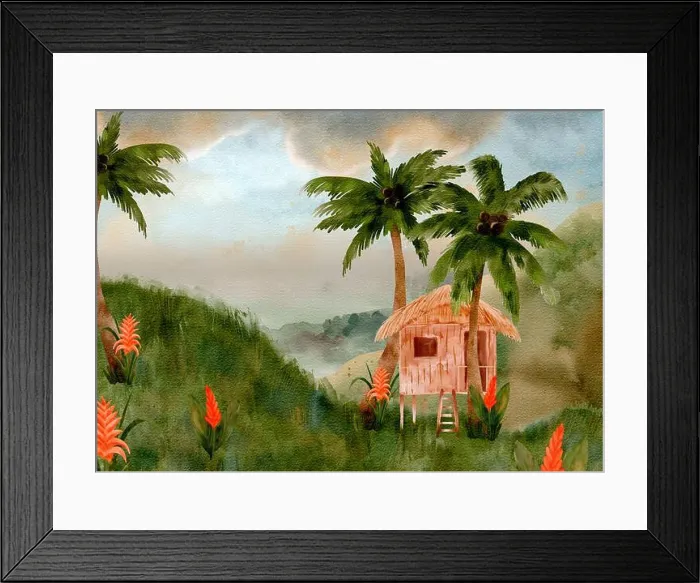 Framed Print : A tranquil and peaceful scene featuring a charming wooden cabin nestled amidst lush palm trees and vibrant flowers Framed Print : A tranquil and peaceful scene featuring a charming wooden cabin nestled amidst lush palm trees and vibrant flowers
