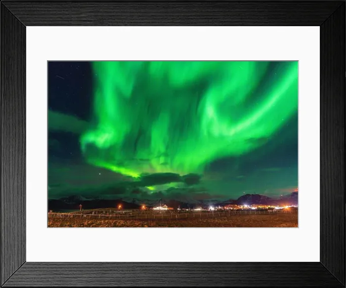 Framed Print : Beautiful Aurora Borealis over house on the island of Kvaløya Framed Print : Beautiful Aurora Borealis over house on the island of Kvaløya