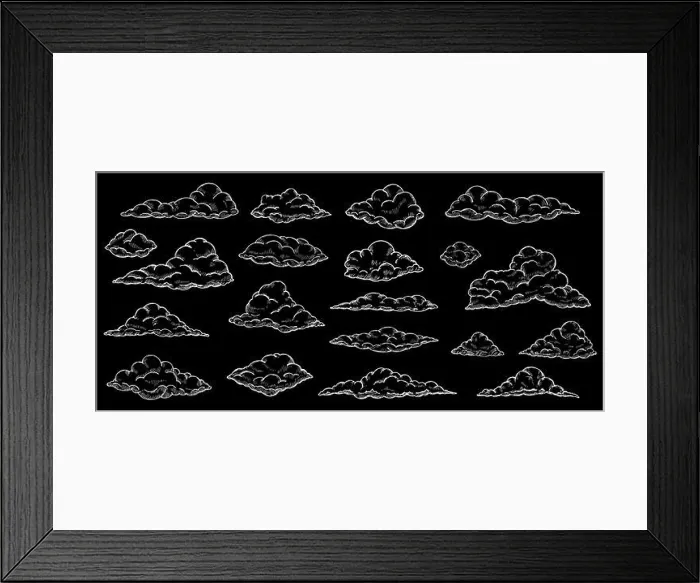 Framed Print : White sketch clouds. Hand drawn cloud, sky cloudscape. Outline sketching narture vintage vector collection Framed Print : White sketch clouds. Hand drawn cloud, sky cloudscape. Outline sketching narture vintage vector collection