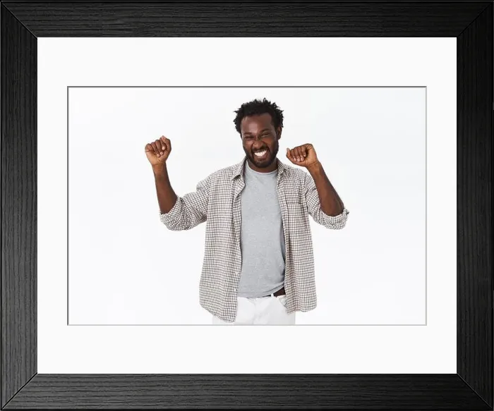 Framed Print : Lucky happy handsome african american bearded guy do champion dance Framed Print : Lucky happy handsome african american bearded guy do champion dance
