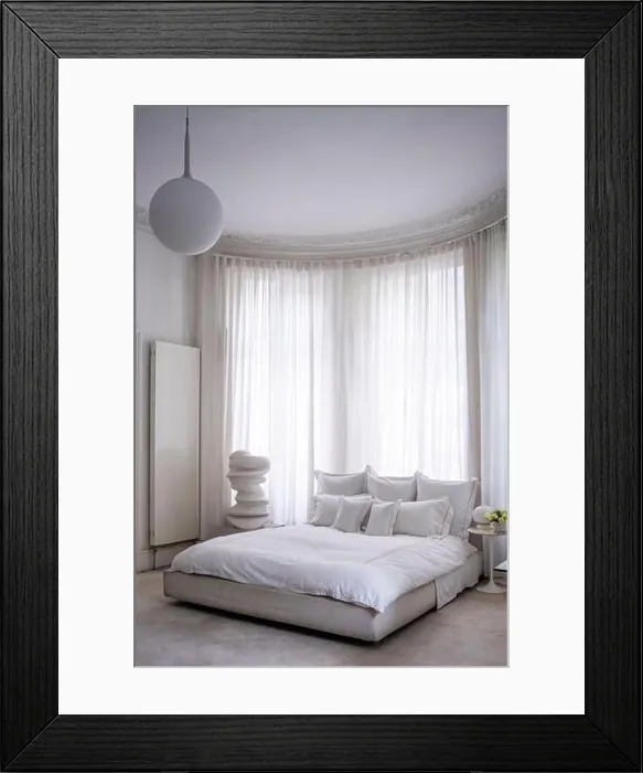 Framed Print : White bedroom with modern art sculpture in West London apartment, UK Framed Print : White bedroom with modern art sculpture in West London apartment, UK