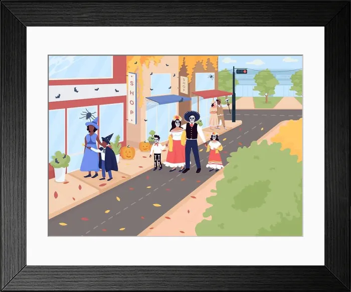 Framed Print : Halloween celebration on street flat color vector illustration Framed Print : Halloween celebration on street flat color vector illustration