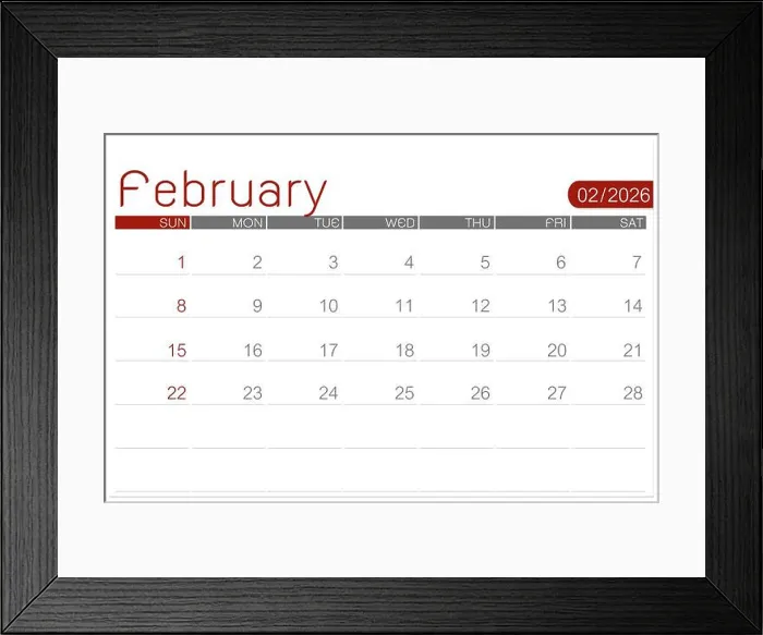 Framed Print : February 2026 blank calendar page isolated on white background, Save clipping path Framed Print : February 2026 blank calendar page isolated on white background, Save clipping path