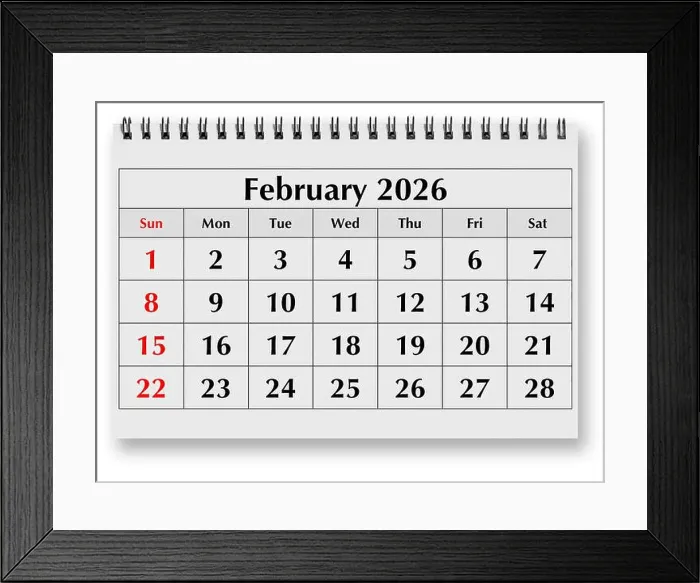 Framed Print : One page of the monthly calendar - winter month February 2026 Framed Print : One page of the monthly calendar - winter month February 2026