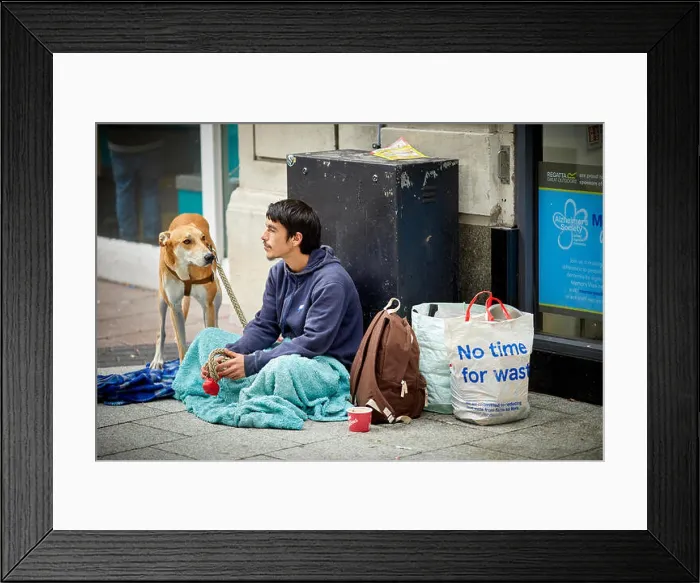 Framed Print : Cardiff Wales, young man begging with his dog