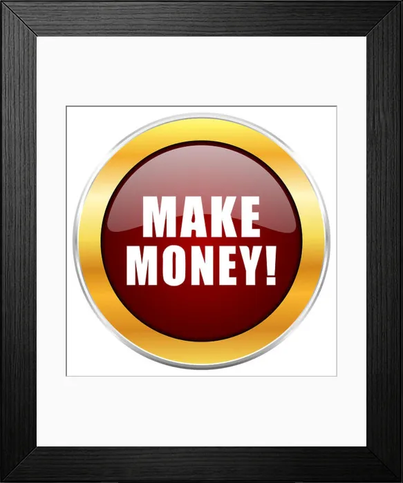 Framed Print : Make money red web icon with golden border isolated on white background. Round glossy button Framed Print : Make money red web icon with golden border isolated on white background. Round glossy button