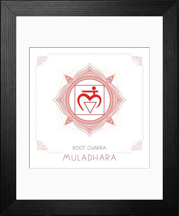 Framed Print : Vector illustration with symbol Muladhara - Root chakra and decorative frame on white background Framed Print : Vector illustration with symbol Muladhara - Root chakra and decorative frame on white background