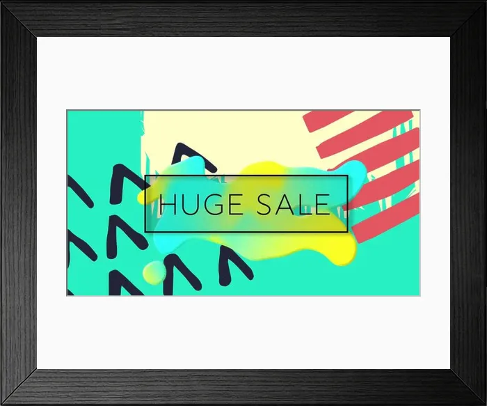 Framed Print : Image of huge sale text in black frame over multi coloured abstract shapes on yellow background Framed Print : Image of huge sale text in black frame over multi coloured abstract shapes on yellow background