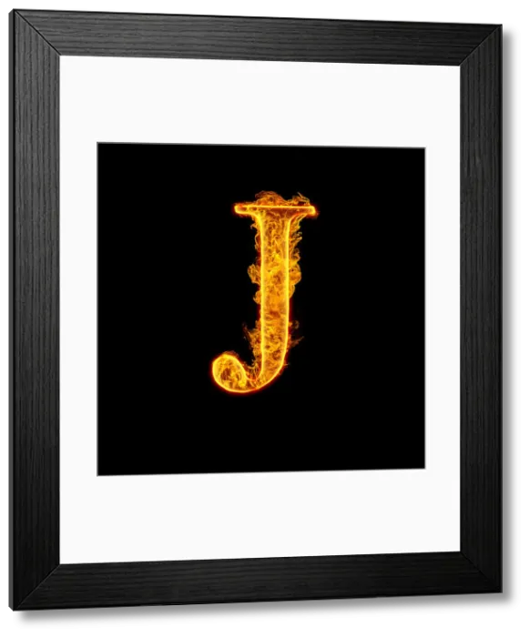 Framed Print : Fire alphabet letter J isolated on black background