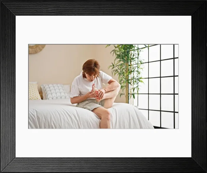 Framed Print : Middle age woman smelling dirty feet at bedroom