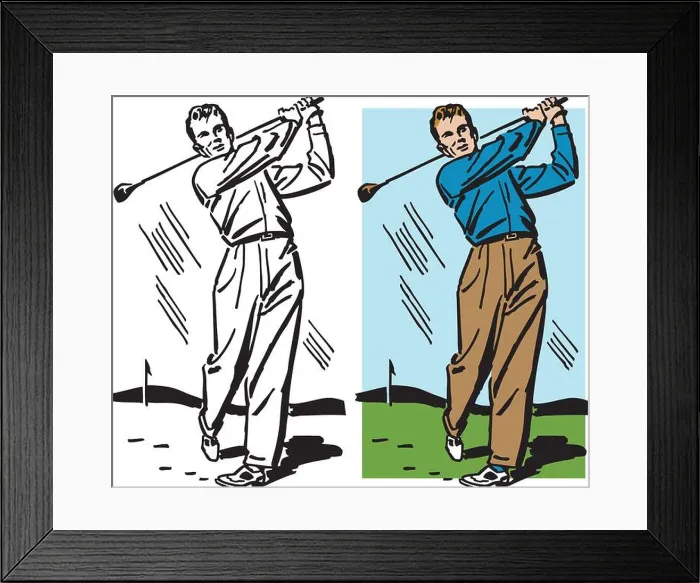 Framed Print : A vintage retro illustration of a man swinging a golf club at a golf course Framed Print : A vintage retro illustration of a man swinging a golf club at a golf course