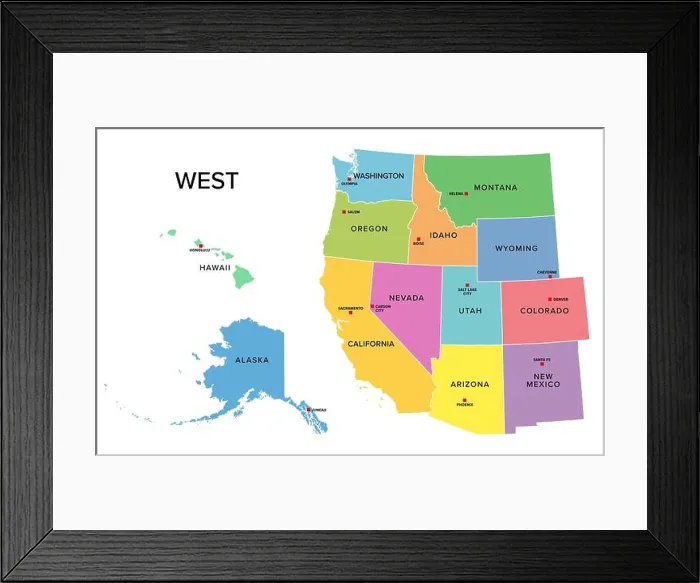 Framed Print : West, U.S. census region, multi colored political map Framed Print : West, U.S. census region, multi colored political map