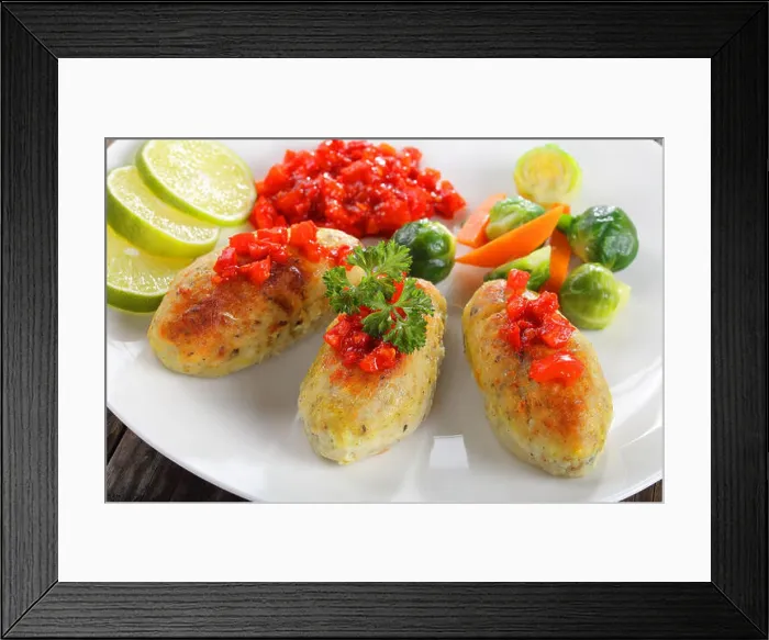 Framed Print : close-up of delicious baked in oven fish cutlets served with steamed carrots Framed Print : close-up of delicious baked in oven fish cutlets served with steamed carrots