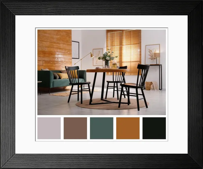 Framed Print : Spacious and cozy dining room with furniture. Color palette matching to this interior design Framed Print : Spacious and cozy dining room with furniture. Color palette matching to this interior design