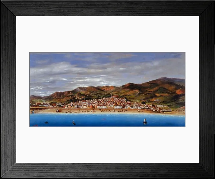 Framed Print : Laureà Esplugues  /  Mataró desde el mar, 1872, Óleo sobre lienzo, 54 x 104 cm. Museu de Mataró