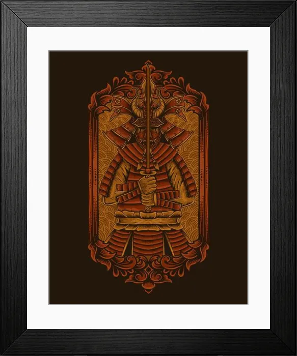 Framed Print : Illustration samurai warriors with vintage engraving ornament Framed Print : Illustration samurai warriors with vintage engraving ornament