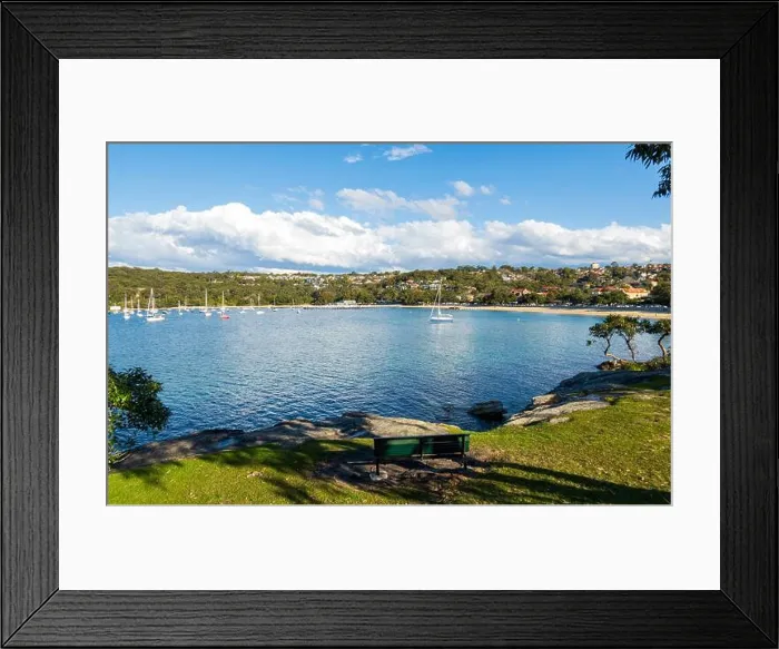 Framed Print : Balmoral Beach, Sydney, Australia. View from island on a sunny day with low clouds Framed Print : Balmoral Beach, Sydney, Australia. View from island on a sunny day with low clouds