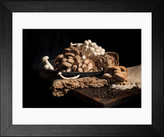 Framed Print : mixed raw oriental mushrooms including oyster, and shimeji on a frying pan at home Framed Print : mixed raw oriental mushrooms including oyster, and shimeji on a frying pan at home