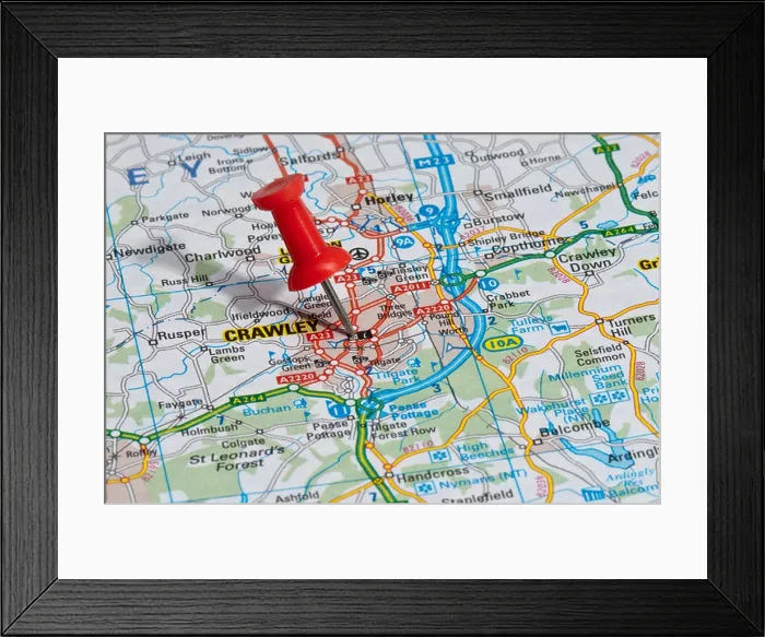 Framed Print : red map pin in road map pointing to city of Crawley Framed Print : red map pin in road map pointing to city of Crawley