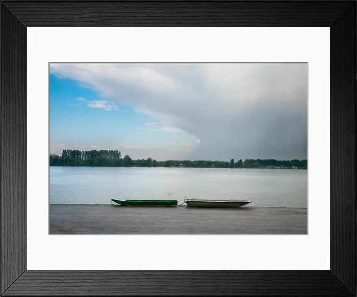 Framed Print : Two fishing boats on Zemun Quay (Zemunski kej) in a cloudy afternoon over the Danube river