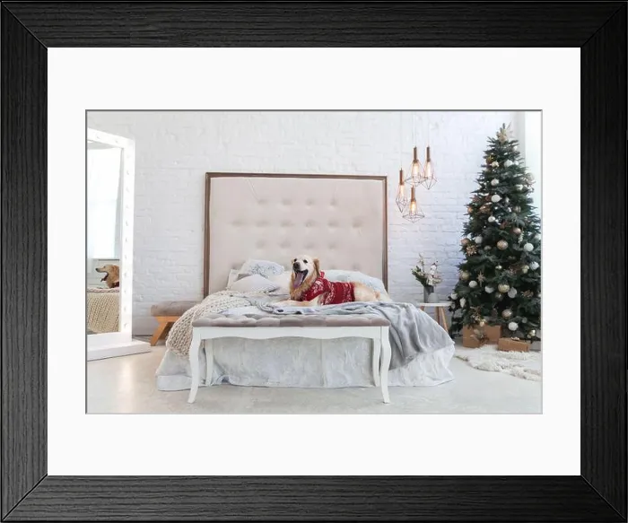 Framed Print : Golden retriever puppy dog in luxurious bright colors classic eclectic bedroom with king-size bed Framed Print : Golden retriever puppy dog in luxurious bright colors classic eclectic bedroom with king-size bed