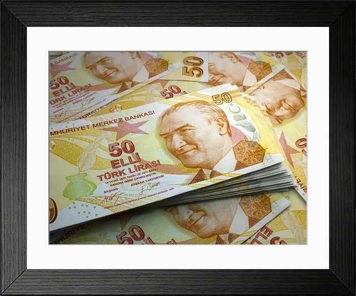 Framed Print : Money of Turkey. Turkish lira bills. TRY banknotes. 50 liralar. Business, finance, news background Framed Print : Money of Turkey. Turkish lira bills. TRY banknotes. 50 liralar. Business, finance, news background