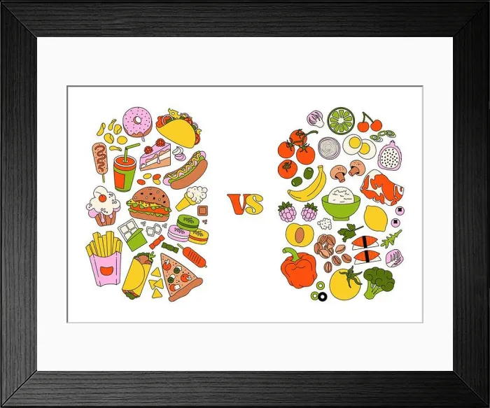Framed Print : Healthy vs unhealthy food. Fastfood and sweet snacks versus balanced meal with fruits and vegetables Framed Print : Healthy vs unhealthy food. Fastfood and sweet snacks versus balanced meal with fruits and vegetables