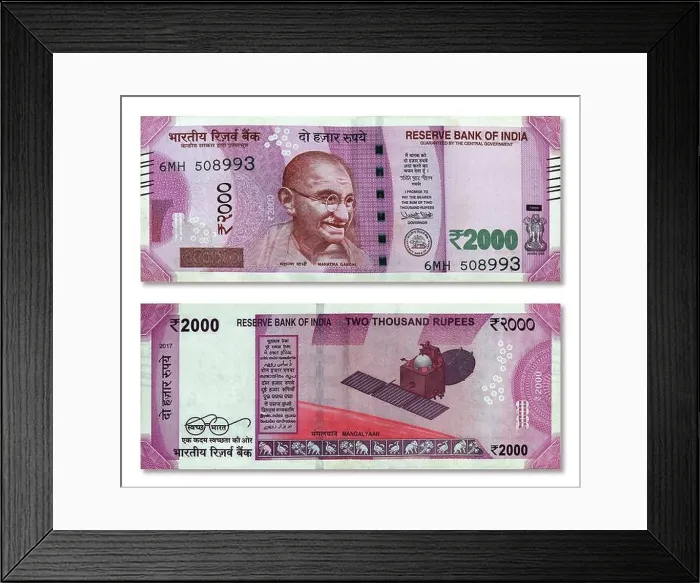 Framed Print : Indian 2000 rupee paper currency note front and back side isolated on white background Framed Print : Indian 2000 rupee paper currency note front and back side isolated on white background