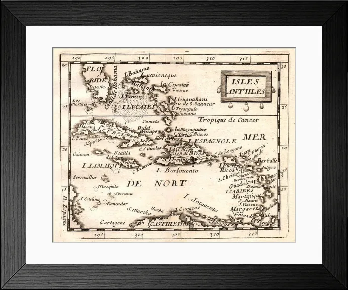 Framed Print : Antique Map of the West Indies or Antilles Islands showing Cuba Framed Print : Antique Map of the West Indies or Antilles Islands showing Cuba