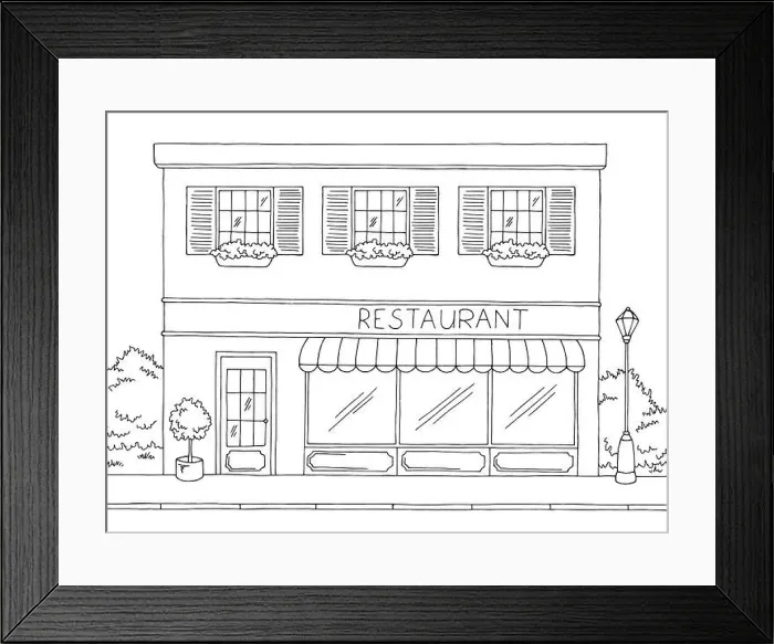 Framed Print : Restaurant exterior graphic black white sketch illustration vector Framed Print : Restaurant exterior graphic black white sketch illustration vector