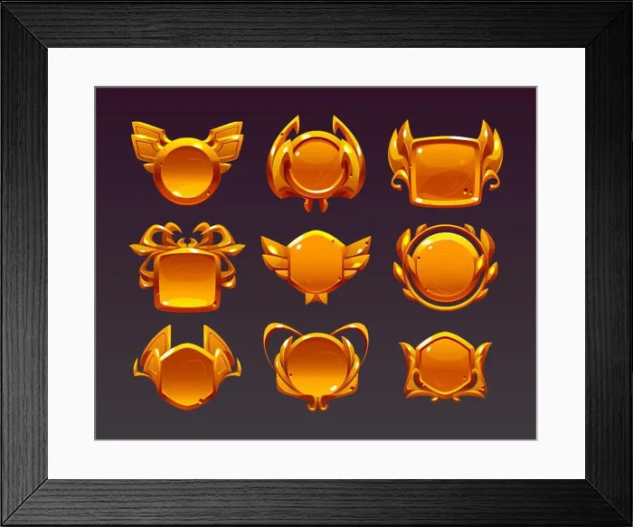 Framed Print : Golden award badges, game medals for win Framed Print : Golden award badges, game medals for win