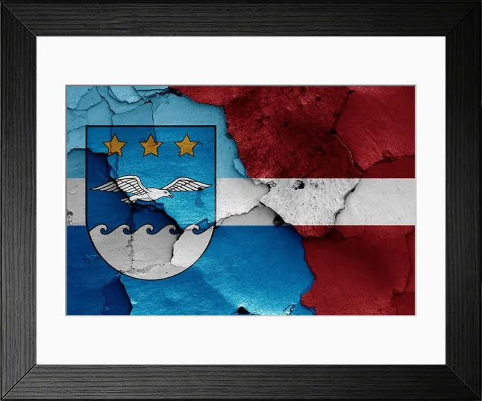 Framed Print : flags of Jurmala and Latvia painted on cracked wall Framed Print : flags of Jurmala and Latvia painted on cracked wall