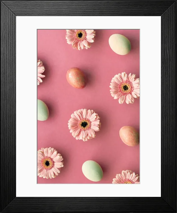 Framed Print : Geometrid diagonal Easter flat lay in coral color with painted eggs and gerbera daisy flowers Framed Print : Geometrid diagonal Easter flat lay in coral color with painted eggs and gerbera daisy flowers