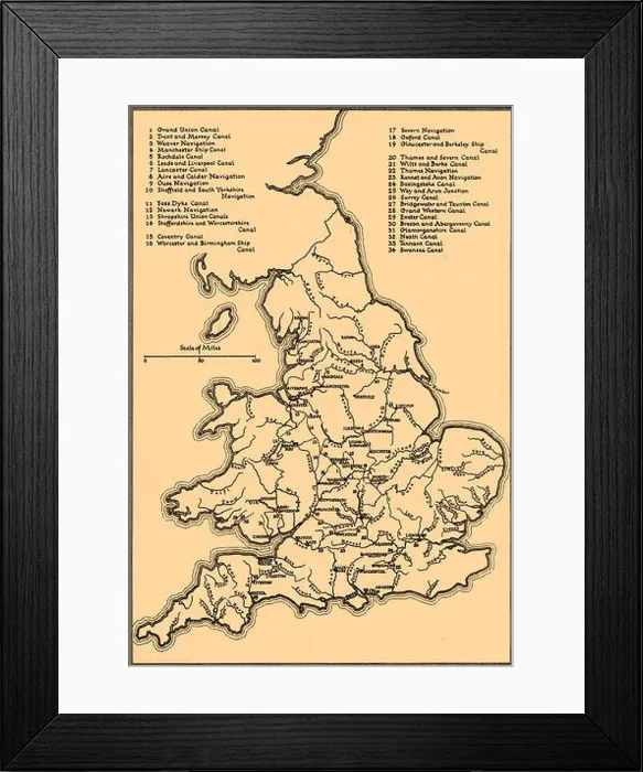 Framed Print : Map of main rivers and canals in England Framed Print : Map of main rivers and canals in England