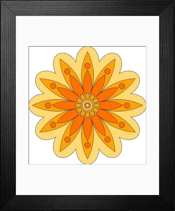 Framed Print : Flower or mandala illustration, geometric orange and yellow pattern Framed Print : Flower or mandala illustration, geometric orange and yellow pattern