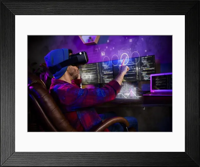 Framed Print : Digital trend banner poster collage of it developer working on computer software safety system using vr box gadget Framed Print : Digital trend banner poster collage of it developer working on computer software safety system using vr box gadget