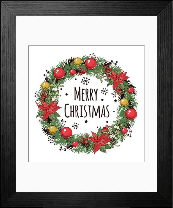 Framed Print : Vector Christmas wreath of red poinsettia, pine branches and berries, decorated with red and yellow Christmas balls Framed Print : Vector Christmas wreath of red poinsettia, pine branches and berries, decorated with red and yellow Christmas balls
