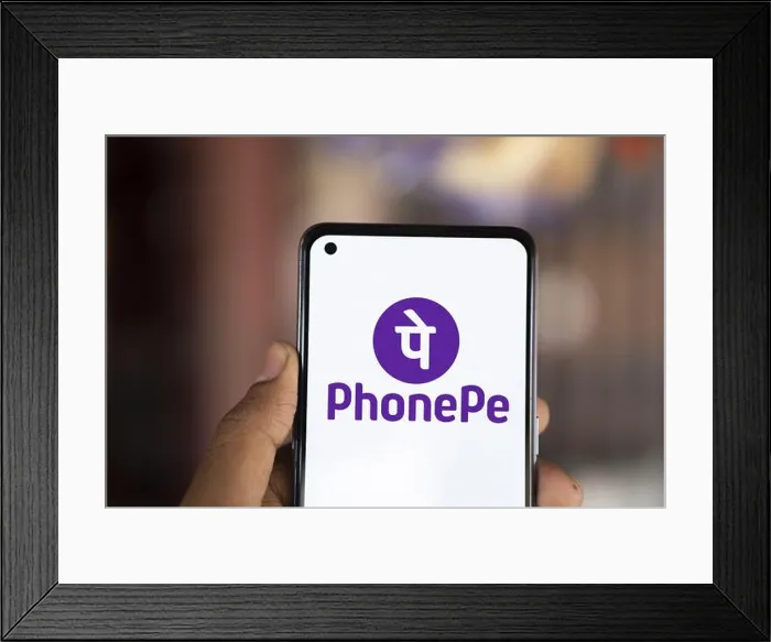 Framed Print : PhonePe logo is displayed on smartphone Framed Print : PhonePe logo is displayed on smartphone