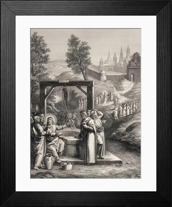 Framed Print : Jesus talks with a Samaritan woman, the Samaritan woman returns, New Testament, Steel engraving 1853, digitally restored Framed Print : Jesus talks with a Samaritan woman, the Samaritan woman returns, New Testament, Steel engraving 1853, digitally restored