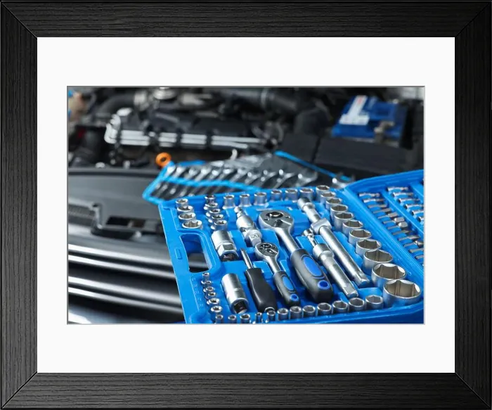 Framed Print : Set of different auto mechanic's tools at automobile repair shop, closeup Framed Print : Set of different auto mechanic's tools at automobile repair shop, closeup